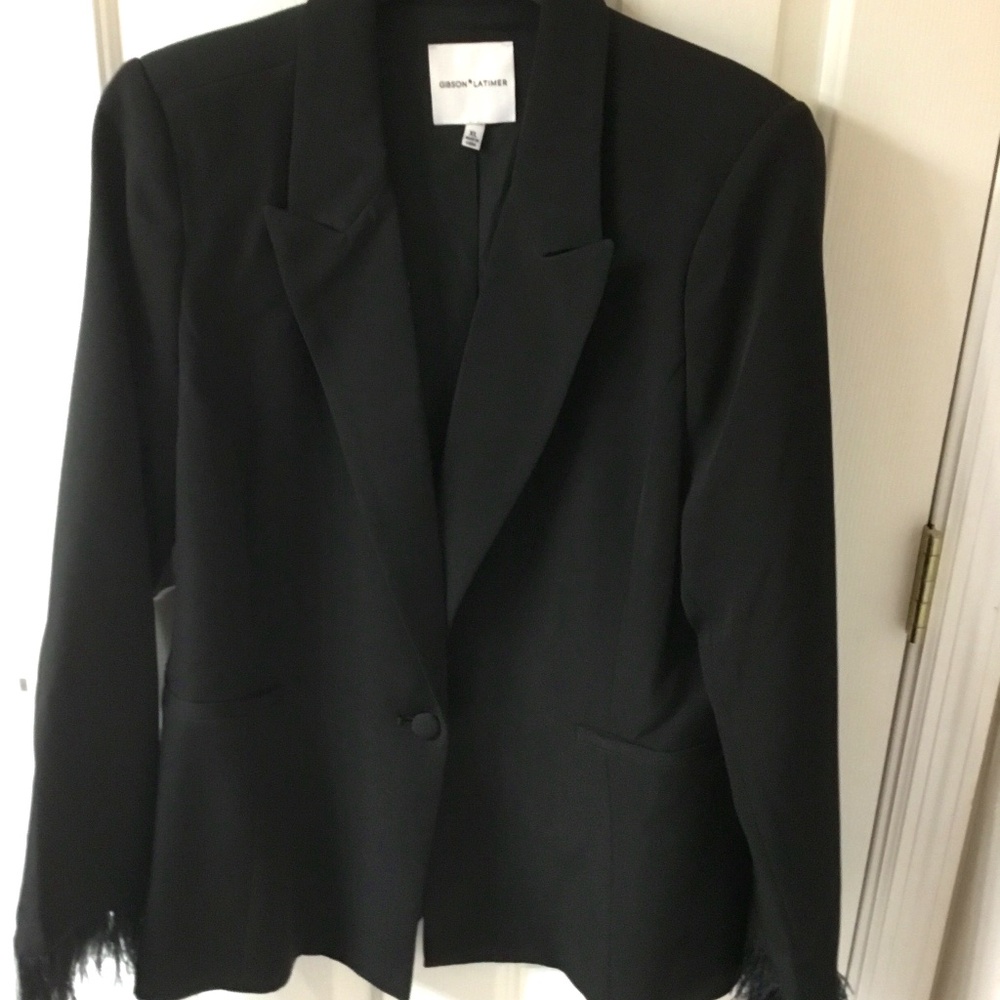 Gibson *Latimer Black Blazer with Feather Trim Sleeves, Excellent Condition XL